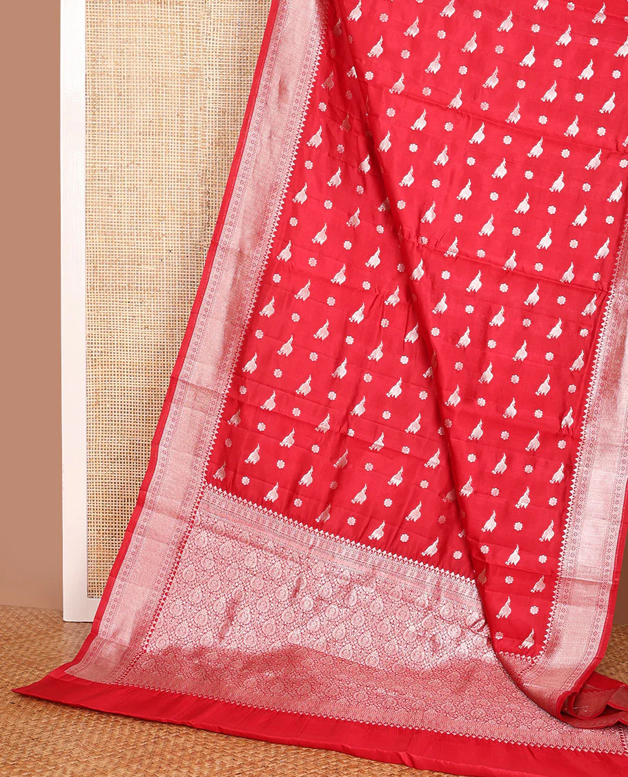 Red bird & floral zari buttas raw mango silk saree, zari border of traditional designs & intricately designed pallu - Image 3