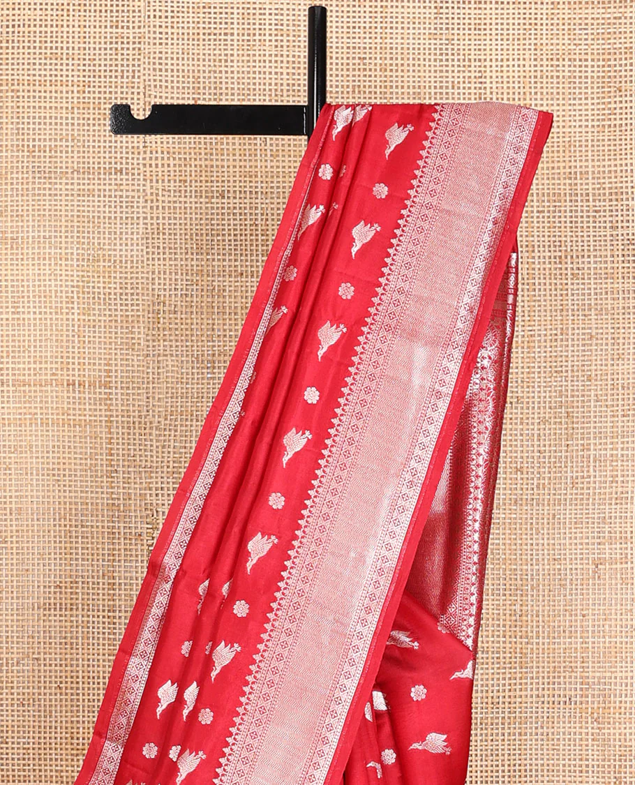 Red bird & floral zari buttas raw mango silk saree, zari border of traditional designs & intricately designed pallu - Image 4