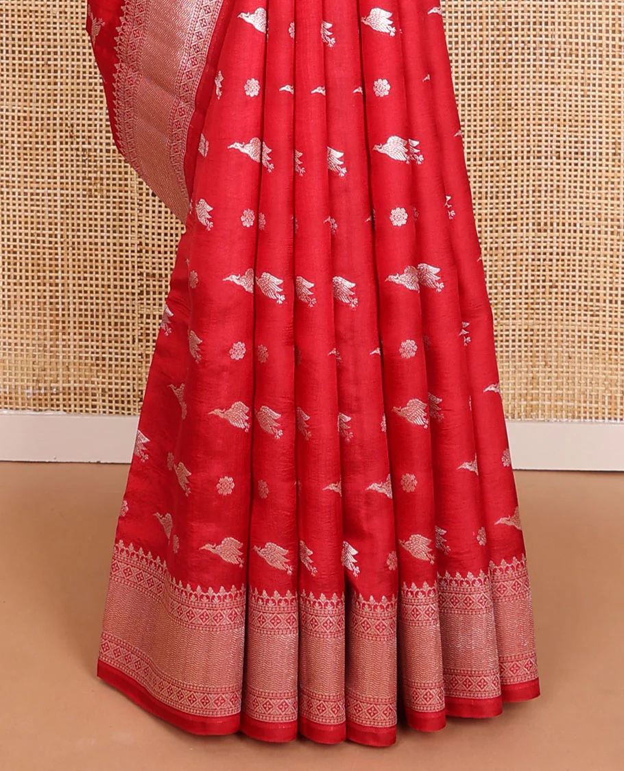 Red bird & floral zari buttas raw mango silk saree, zari border of traditional designs & intricately designed pallu - Image 5