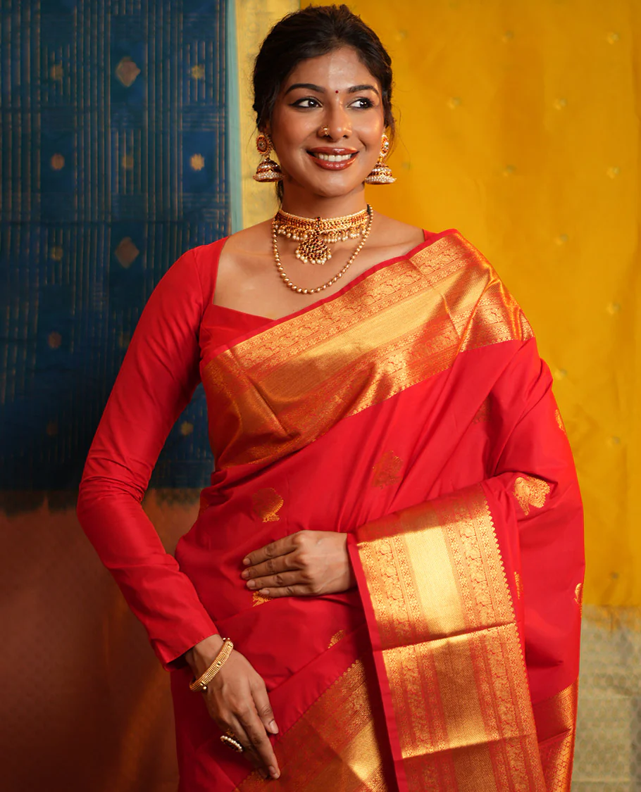 Red Budget Silk Saree, Gleamed Up with Zari Buttas on Its Body, Highlighted by a Zari Border of Traditional Designs, Grand Jaal Design Border, and Paired with a Matching Blouse - Image 2