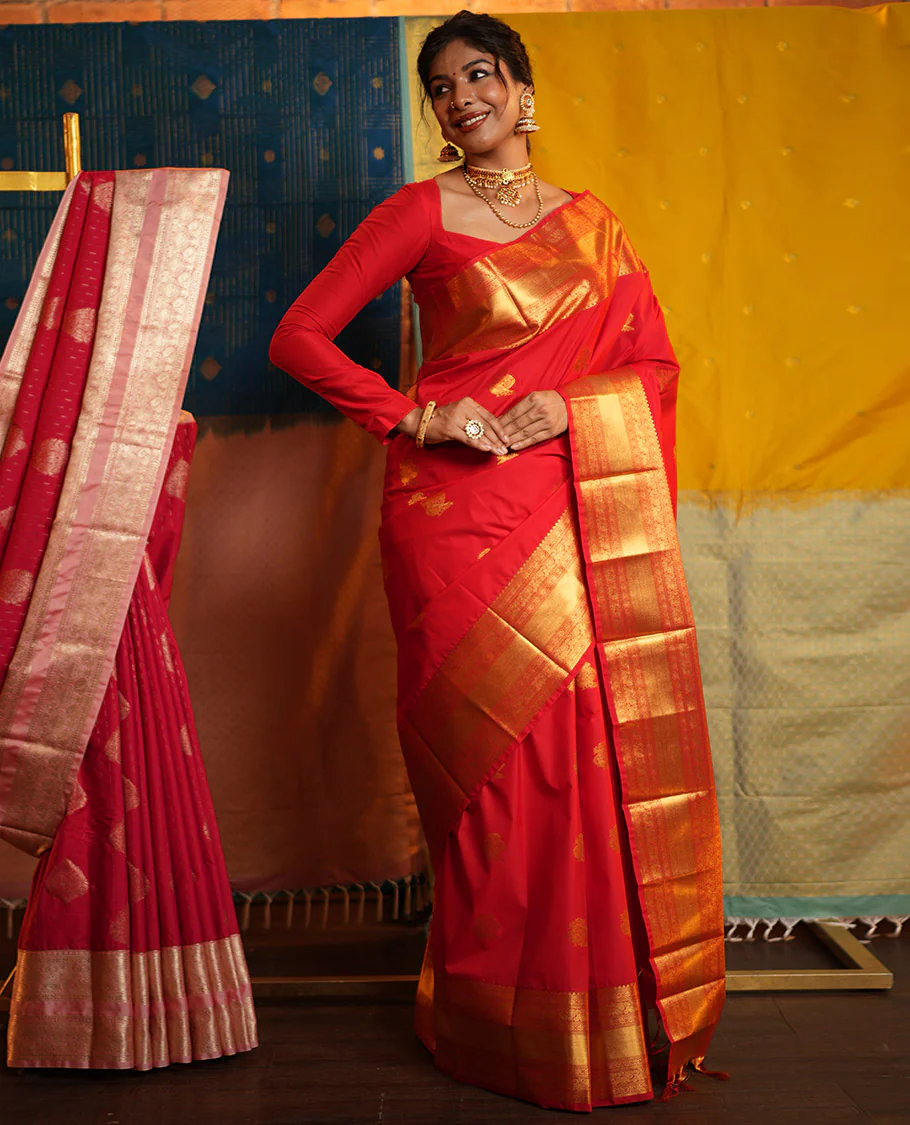 Red Budget Silk Saree, Gleamed Up with Zari Buttas on Its Body, Highlighted by a Zari Border of Traditional Designs, Grand Jaal Design Border, and Paired with a Matching Blouse - Image 3