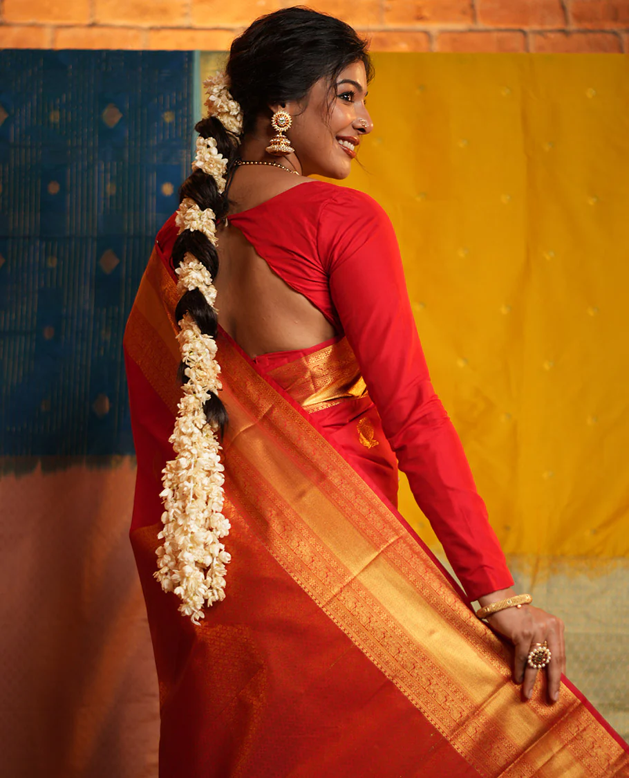 Red Budget Silk Saree, Gleamed Up with Zari Buttas on Its Body, Highlighted by a Zari Border of Traditional Designs, Grand Jaal Design Border, and Paired with a Matching Blouse - Image 7