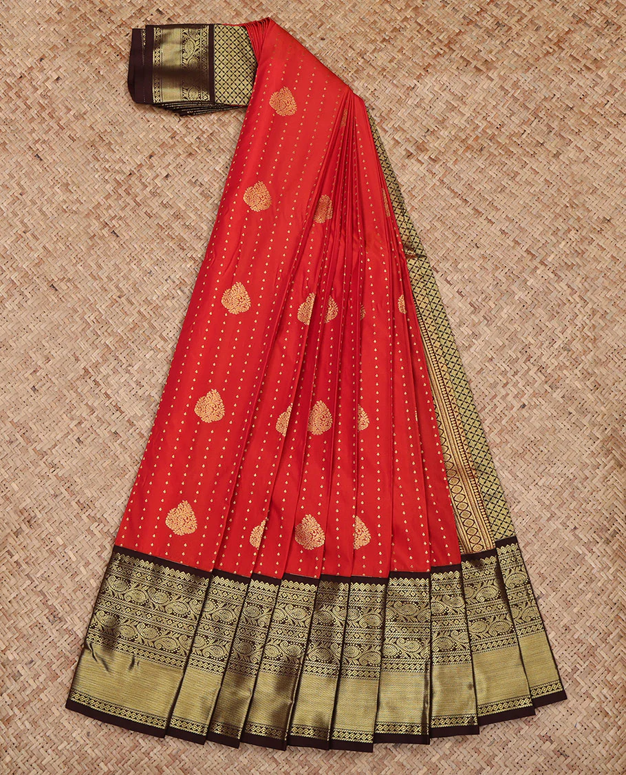 Red Budget Silk Saree, Steeped in Richness of Zari Buttas All Over Its Body, Complemented by a Contrast Traditional Zari Design Border, Grand Jaal Pallu, and Paired with a Contrast Blouse - Image 2