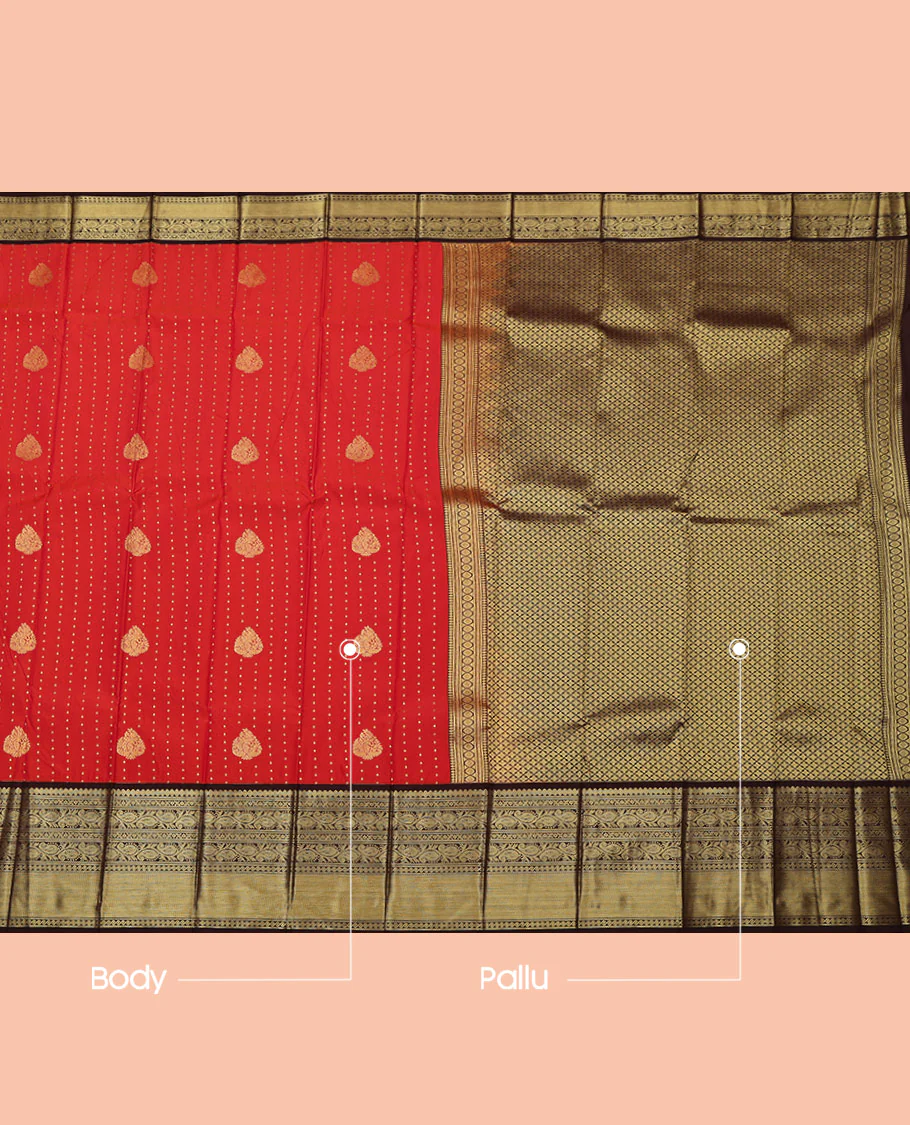 Red Budget Silk Saree, Steeped in Richness of Zari Buttas All Over Its Body, Complemented by a Contrast Traditional Zari Design Border, Grand Jaal Pallu, and Paired with a Contrast Blouse - Image 3