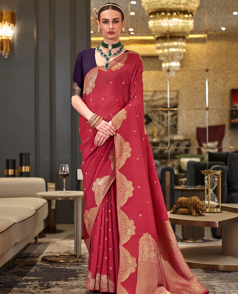 Red buttas designer saree, peacock motifs border, and pallu of peacock and intricate designs