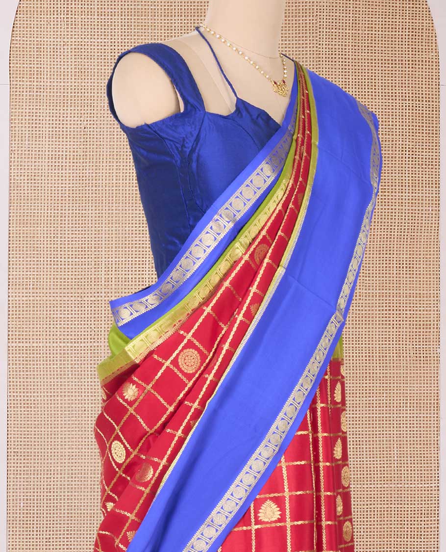 Red buttas enclosed checked Mysore silk saree, contrast colorful traditional zari border, and zari design pallu - Image 3