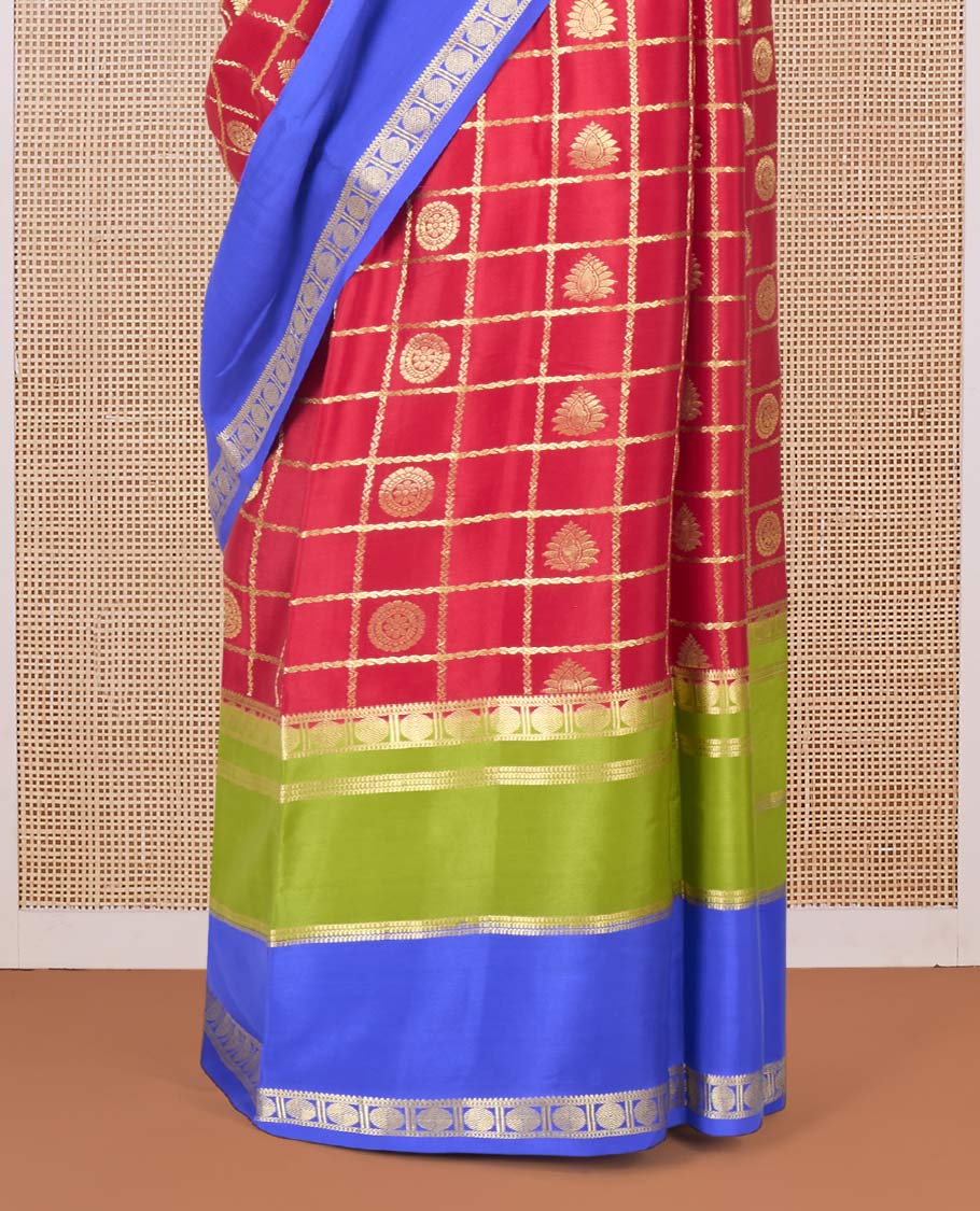 Red buttas enclosed checked Mysore silk saree, contrast colorful traditional zari border, and zari design pallu - Image 4