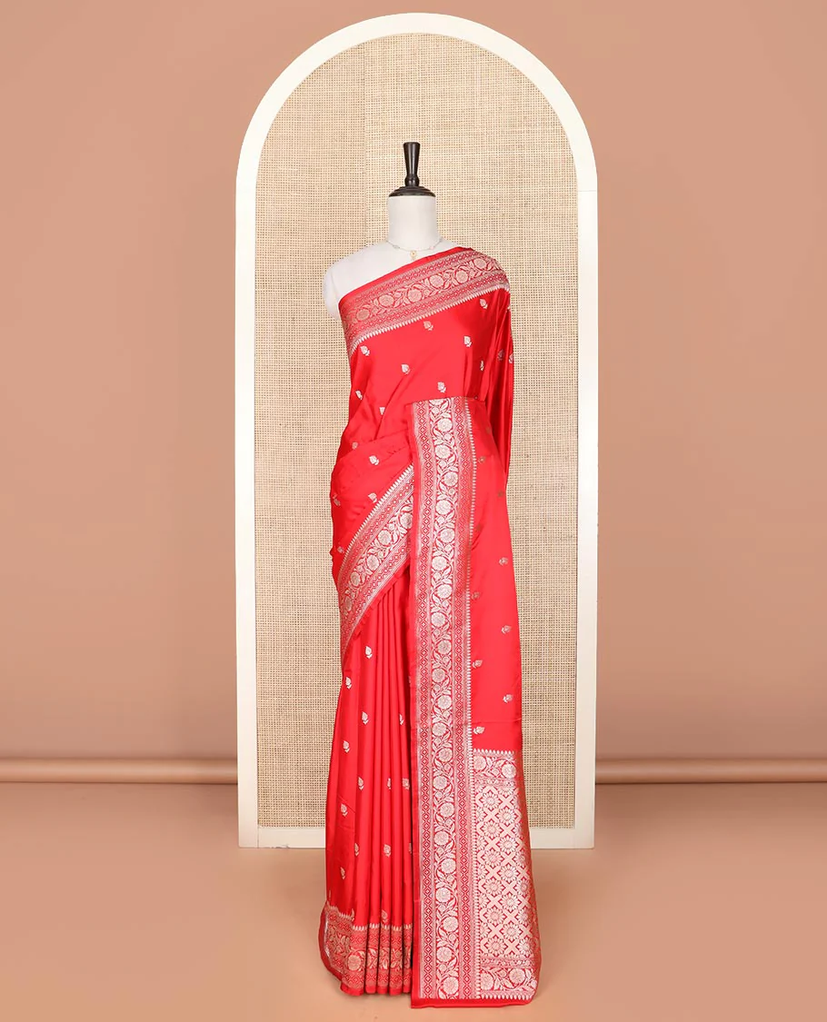 Red buttas mushru silk saree, traditional border of floral creeper designs, and zari-rich jaal pallu - Image 2