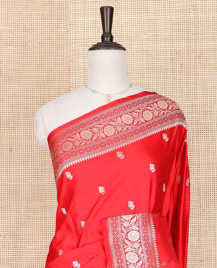Red buttas mushru silk saree, traditional border of floral creeper designs, and zari-rich jaal pallu - Image 3