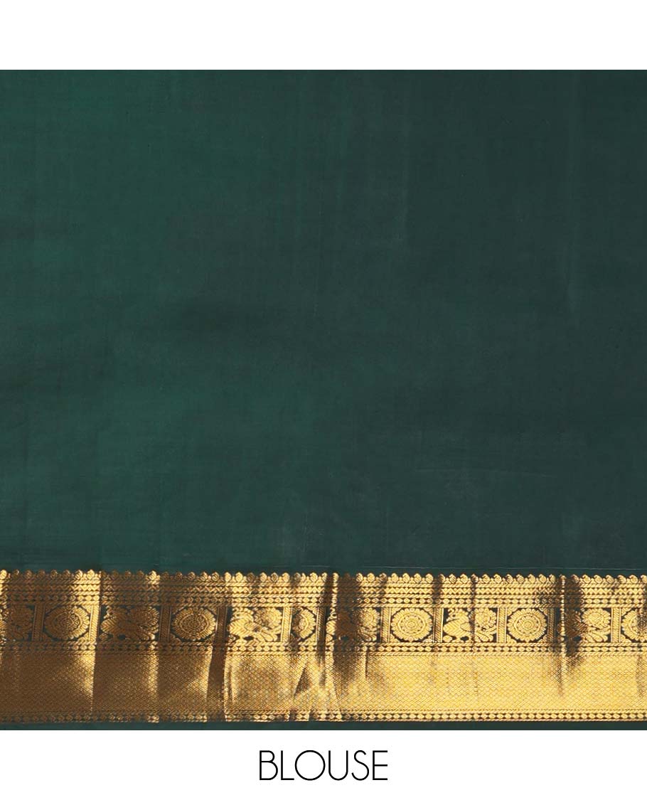 Red buttas Vasundhara silk saree with contrast border of manga, banaras, mayil , mayil kann, poo chakram design & zari design pallu - Image 5