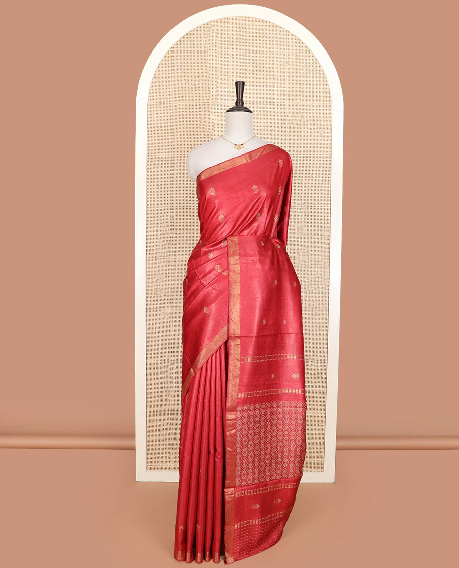 Red buttas tussar saree, zari border, and pallu of jaal designs - Image 2