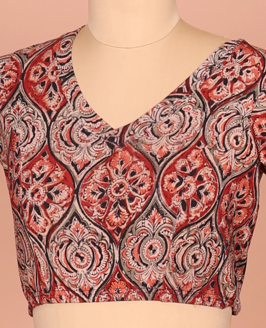 Red Cotton Readymade Blouse Spotlighted with All-Over Ogee Patterns Print, Featuring a Front Round-Neck, a Closed Back Neck, and Elbow Sleeves - Image 2