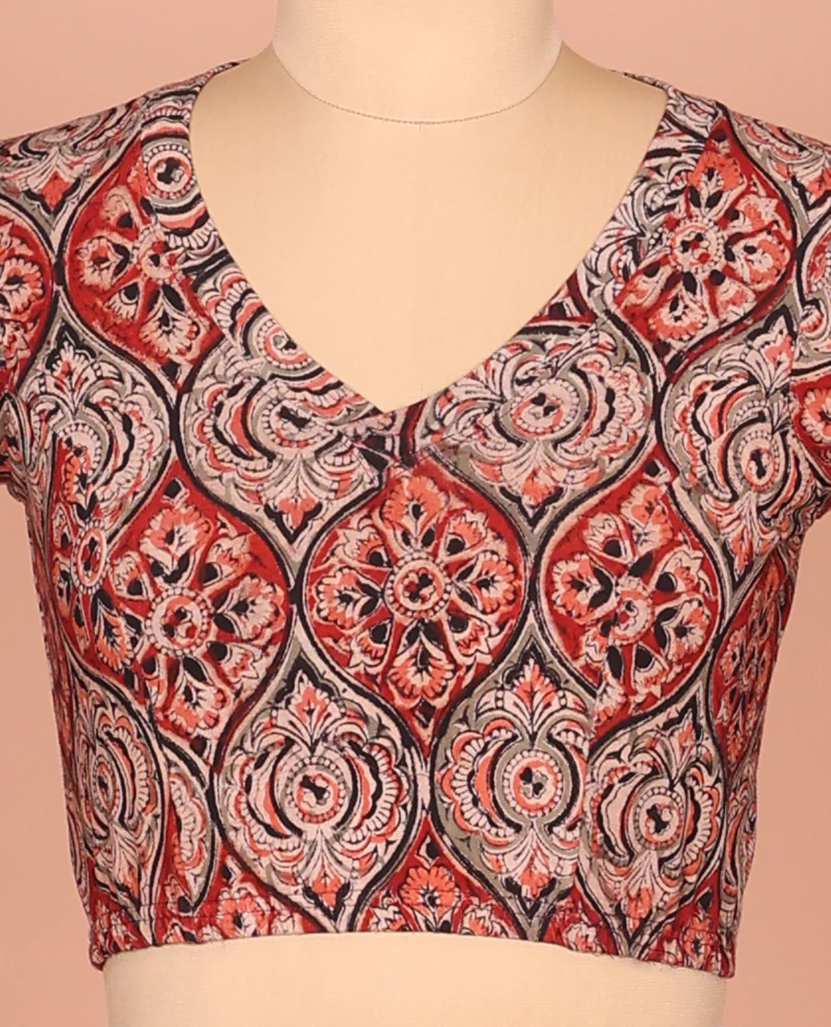 Red Cotton Readymade Blouse Spotlighted with All-Over Ogee Patterns Print, Featuring a Front Round-Neck, a Closed Back Neck, and Elbow Sleeves - Image 3