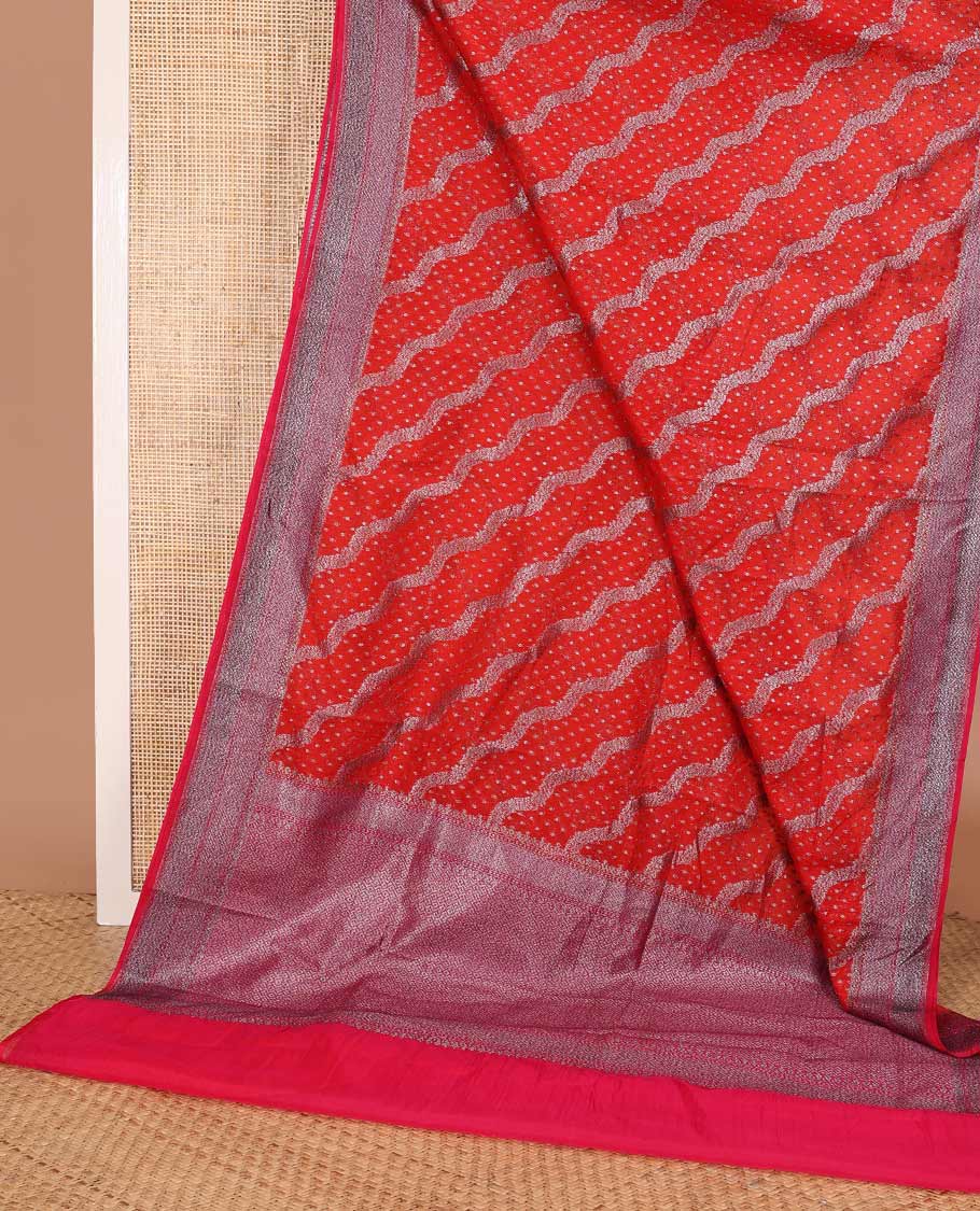 Red diagonal zig-zag floral vine woven fancy saree, zari border, and zari woven pallu - Image 2