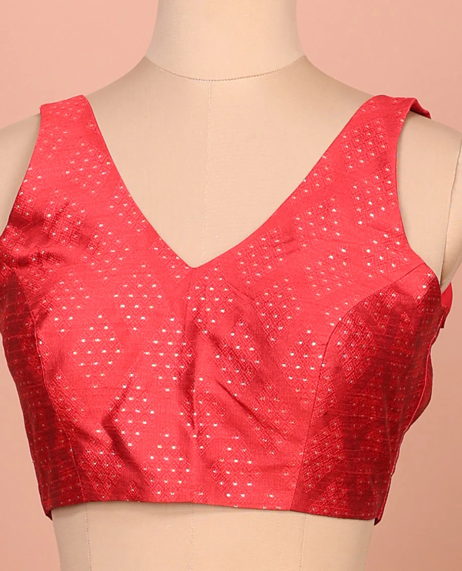 Red diamond buttas front-back V-neck sleeveless readymade blouse - Image 2