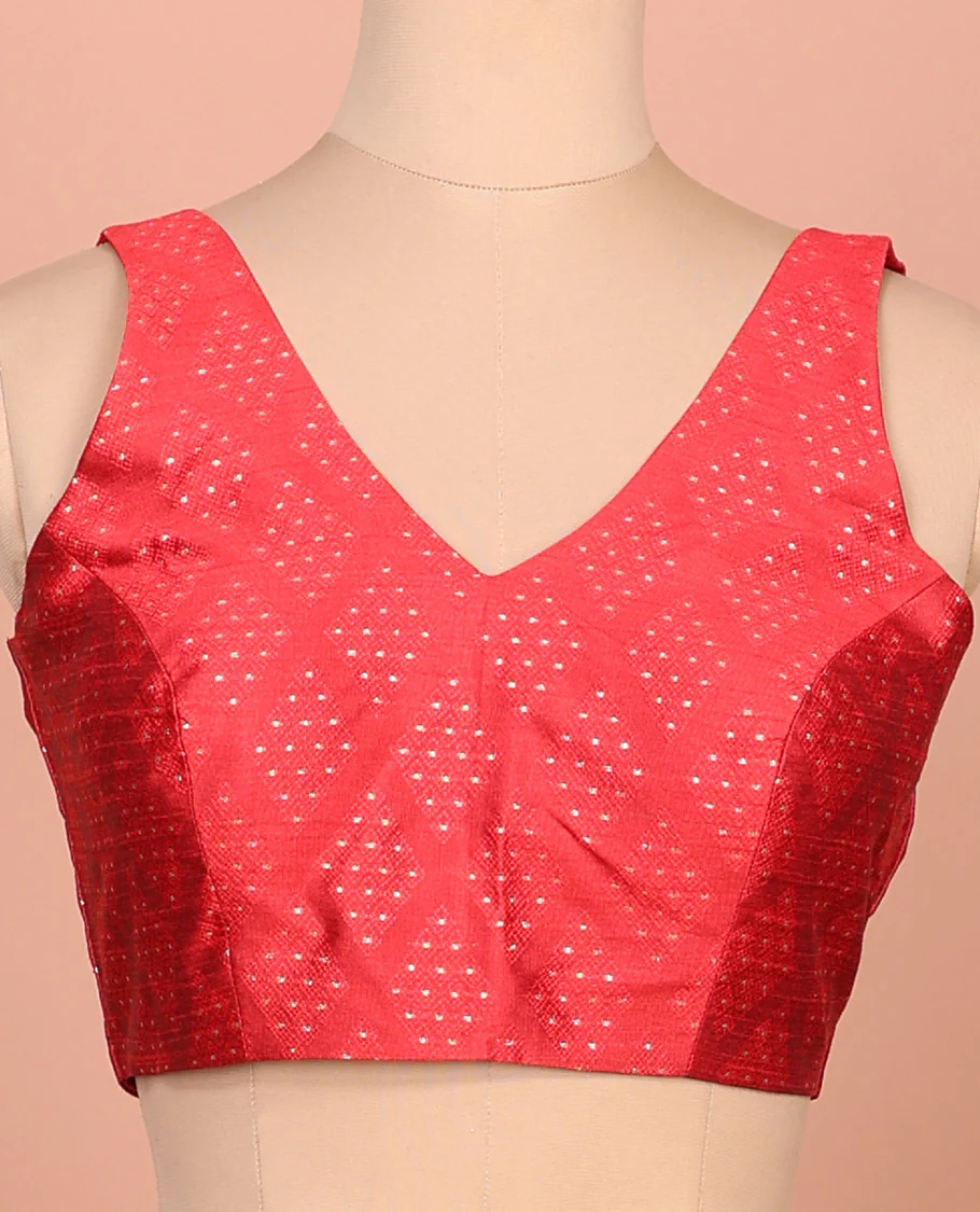 Red diamond buttas front-back V-neck sleeveless readymade blouse - Image 3