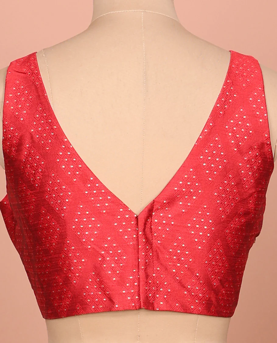 Red diamond buttas front-back V-neck sleeveless readymade blouse - Image 4