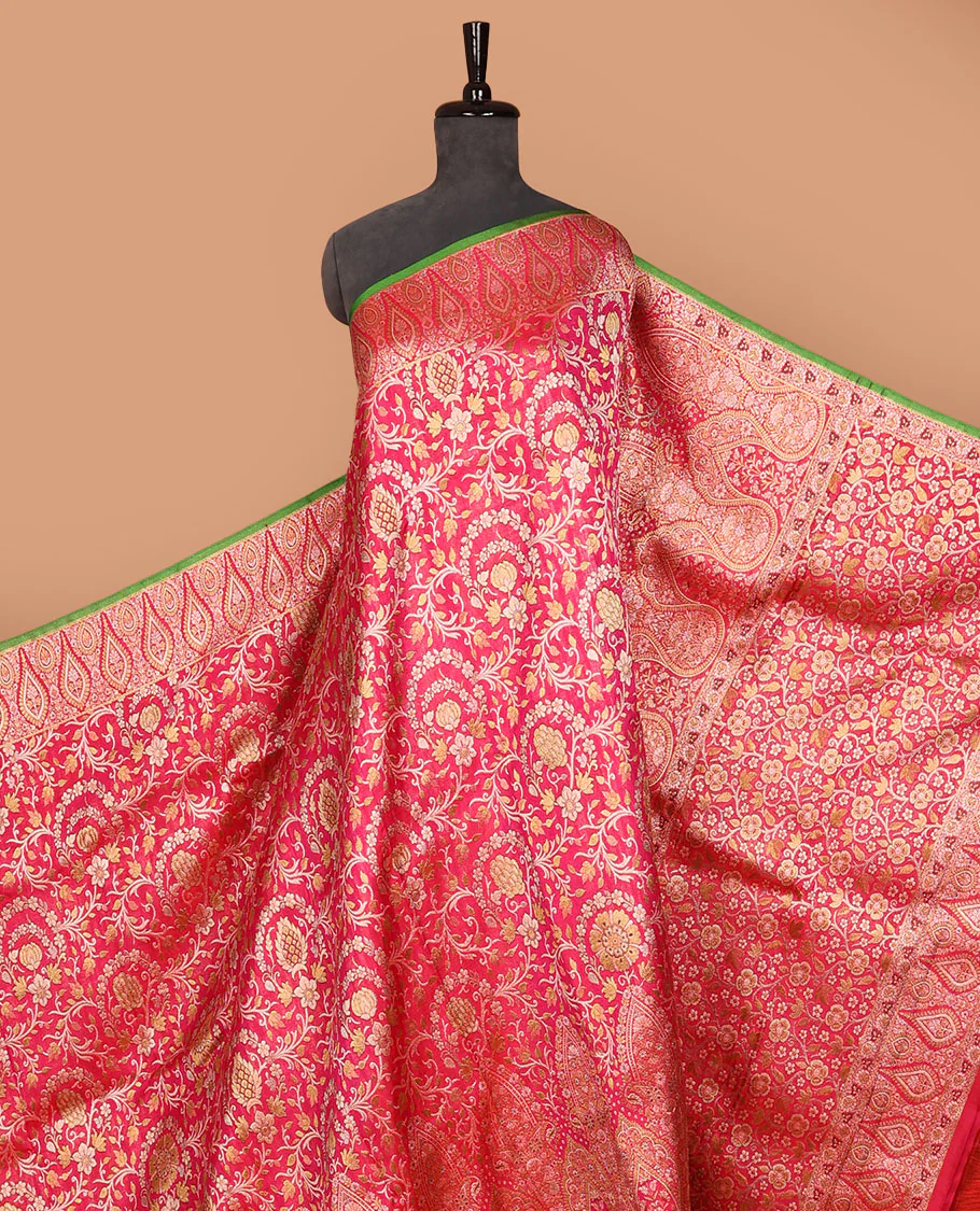 Red floral jaal jacquard Samudrika silk saree, intricate zari border & pallu decked up with floral jaal design