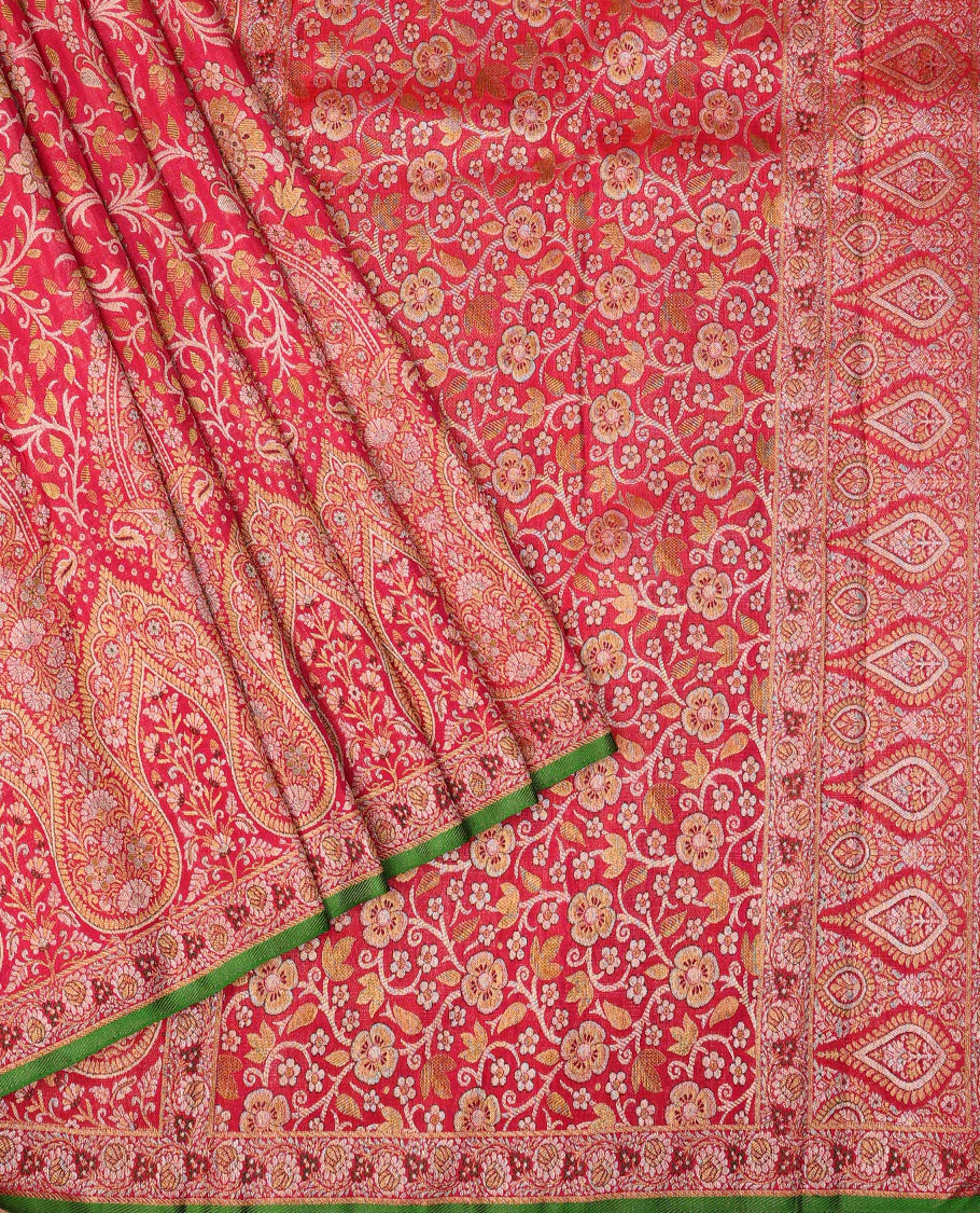 Red floral jaal jacquard Samudrika silk saree, intricate zari border & pallu decked up with floral jaal design - Image 2