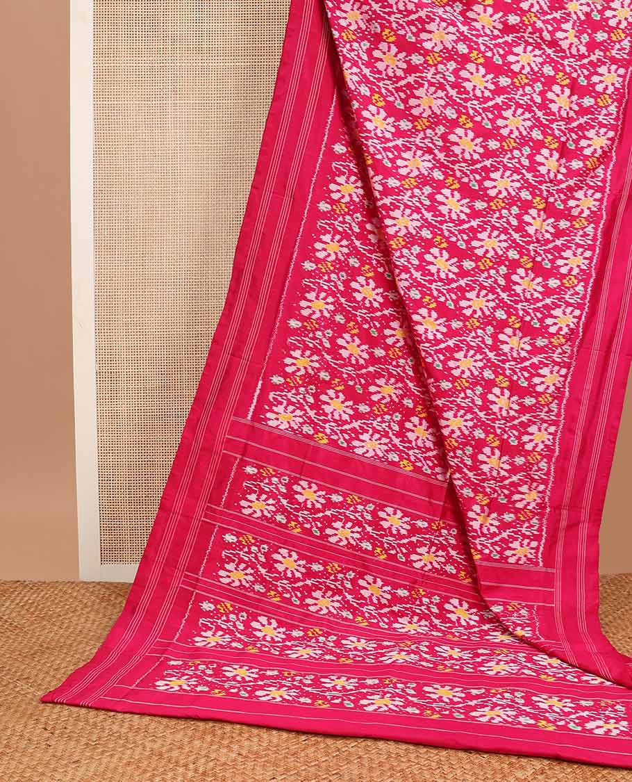 Red floral motifs ikkat saree with self striped border & striped floral design pallu - Image 3