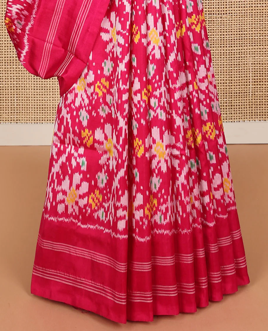 Red floral motifs ikkat saree with self striped border & striped floral design pallu - Image 5