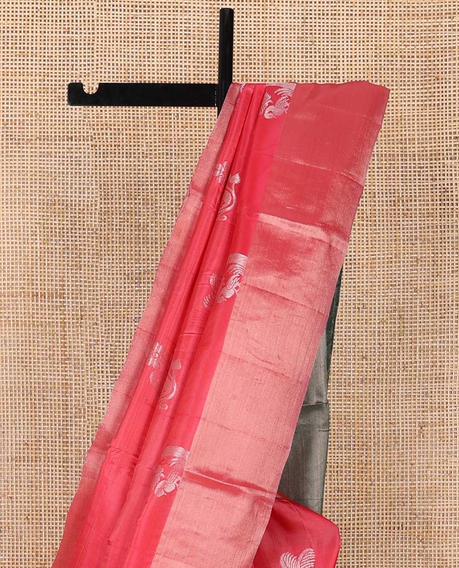 Red floral motifs uppada saree with self zari border & floral vine design pallu - Image 3