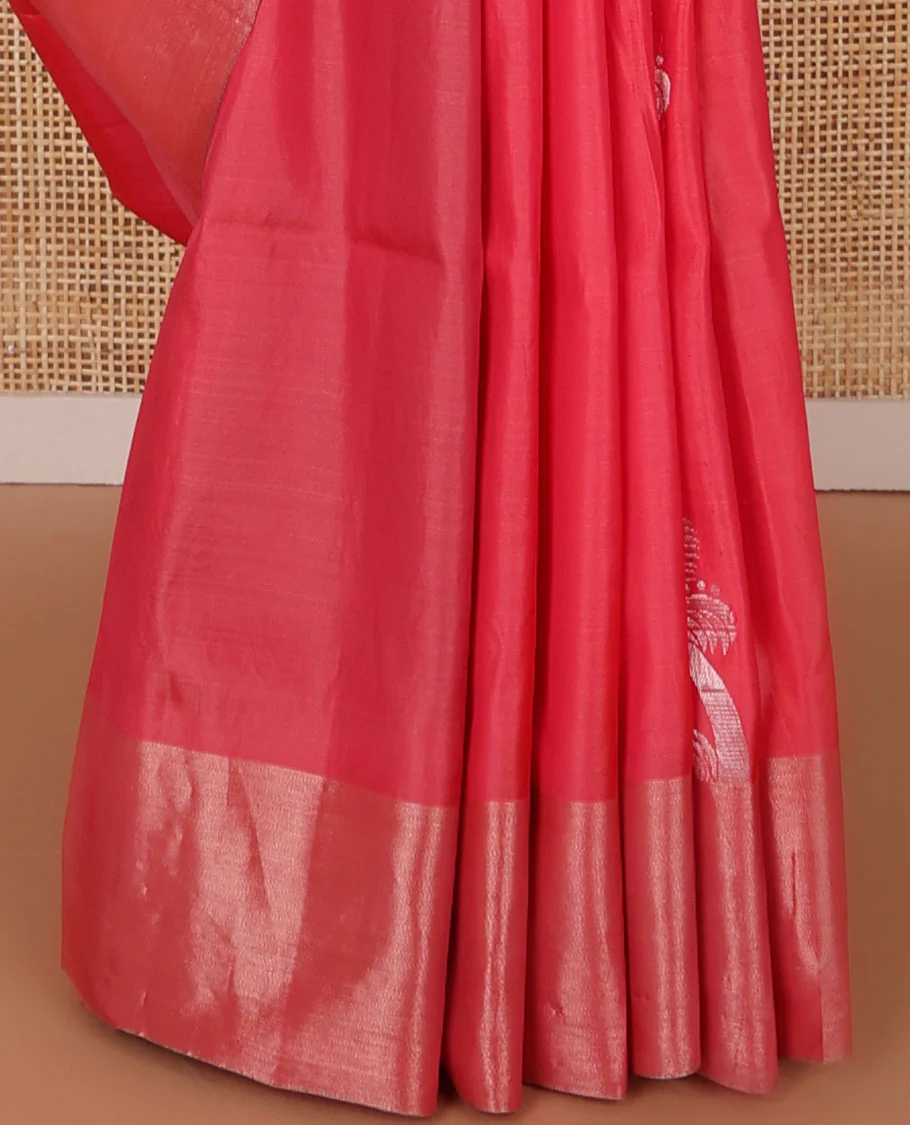 Red floral motifs uppada saree with self zari border & floral vine design pallu - Image 4