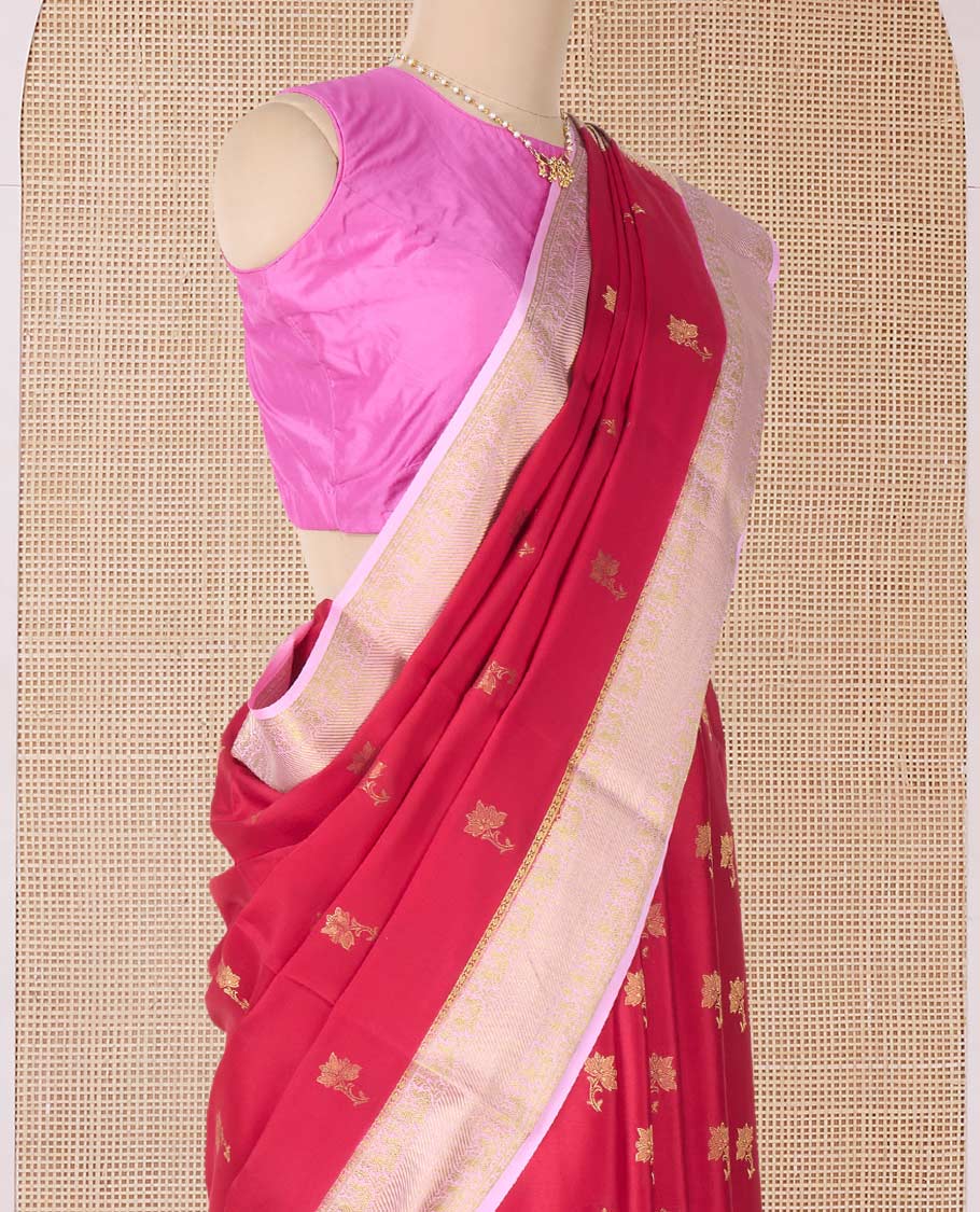 Red floral zari buttas woven Mysore silk saree, contrast traditional zari border, and pallu of jaal design - Image 3