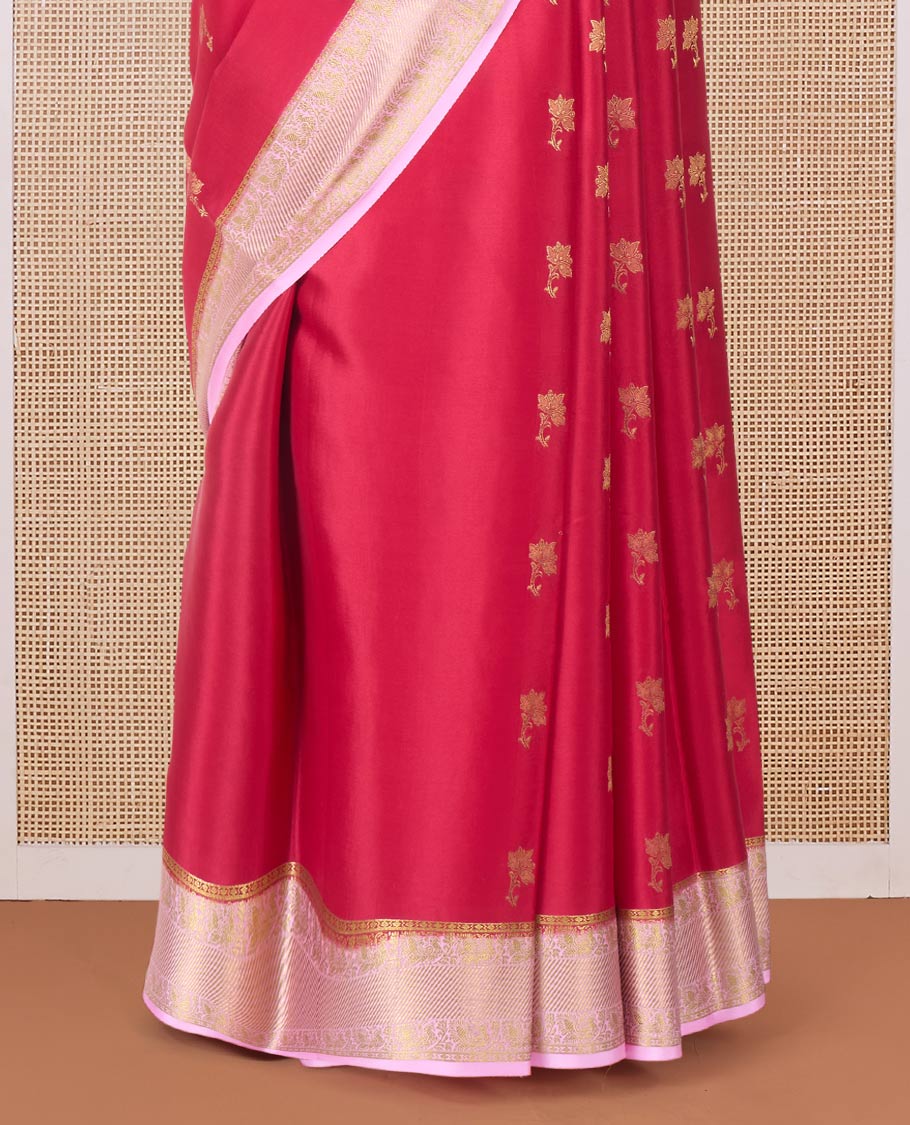Red floral zari buttas woven Mysore silk saree, contrast traditional zari border, and pallu of jaal design - Image 4