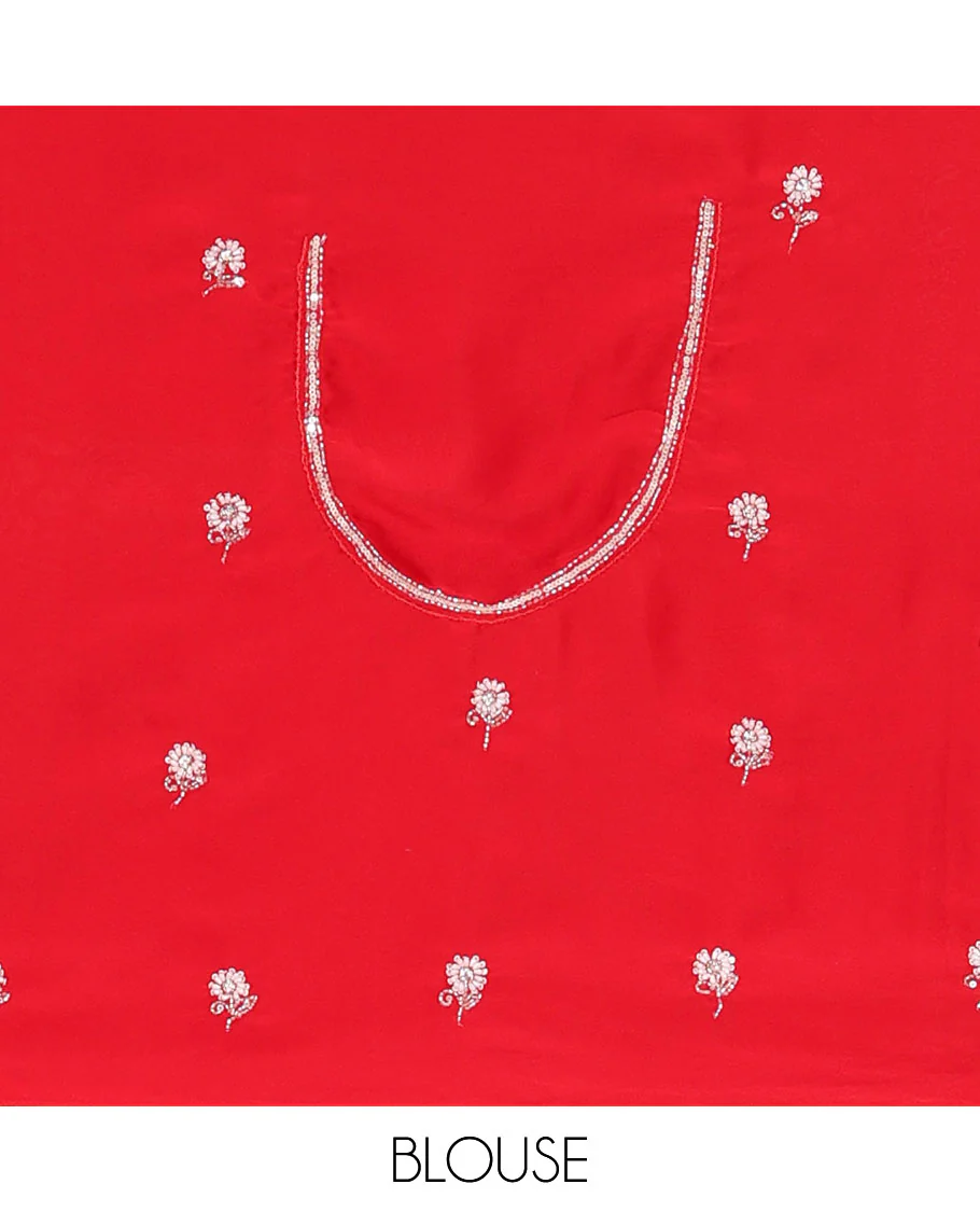 Red flower motifs embroidered designer saree, scallop embroidered border - Image 4