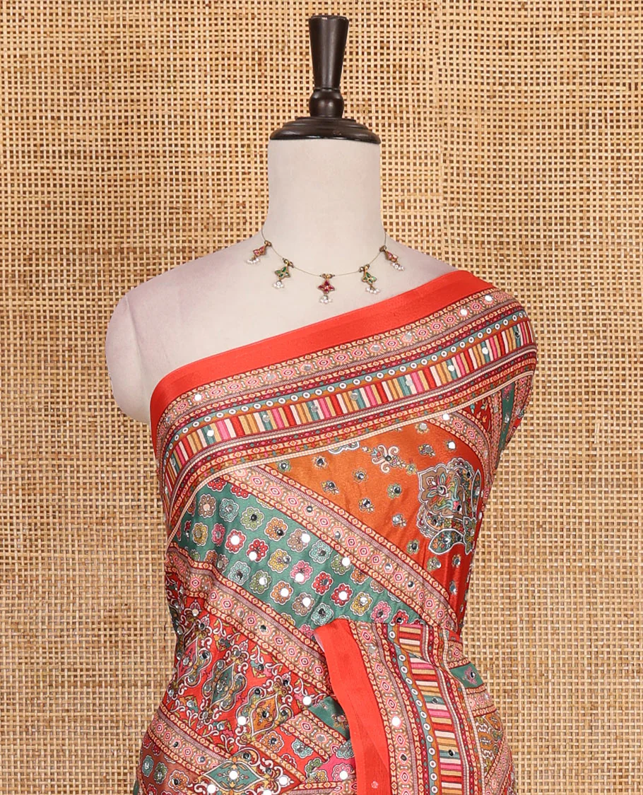 Red geometric patterns printed with mirror work Masakali saree, matching plain printed border and blouse - Image 3