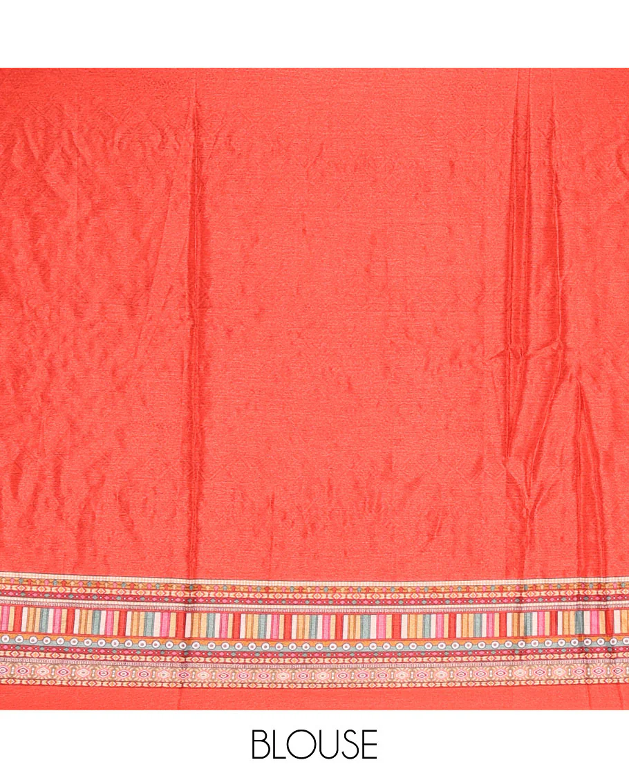 Red geometric patterns printed with mirror work Masakali saree, matching plain printed border and blouse - Image 4