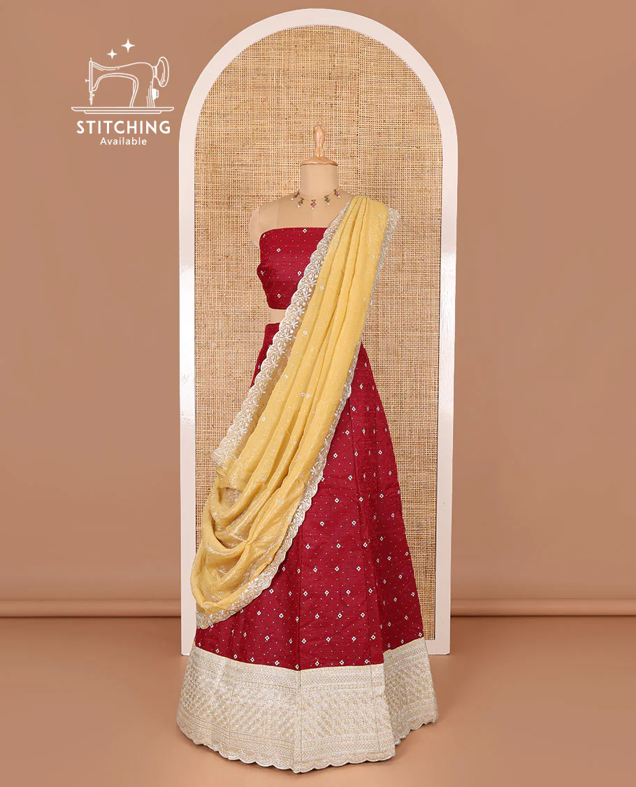 Red half-saree, floral motifs embroidered semi-raw silk top, matching embroidered blouse, and contrast scallop embroidered georgette dhavani - Image 3
