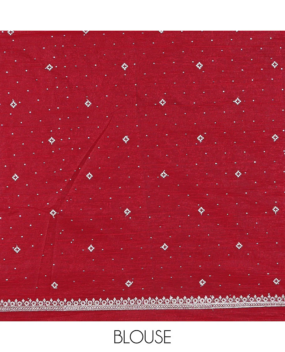Red half-saree, floral motifs embroidered semi-raw silk top, matching embroidered blouse, and contrast scallop embroidered georgette dhavani - Image 4