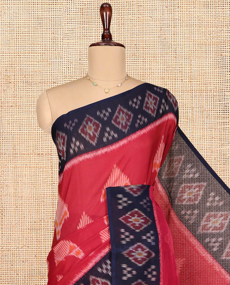 Red Ikkat Cotton Saree, Decorated with Ikkat-style Buttas All Over Its Body, Complemented by a Contrast Ikkat-Textured Border, Pallu of Geometric Patterns, and Paired with a Contrast Blouse - Image 2