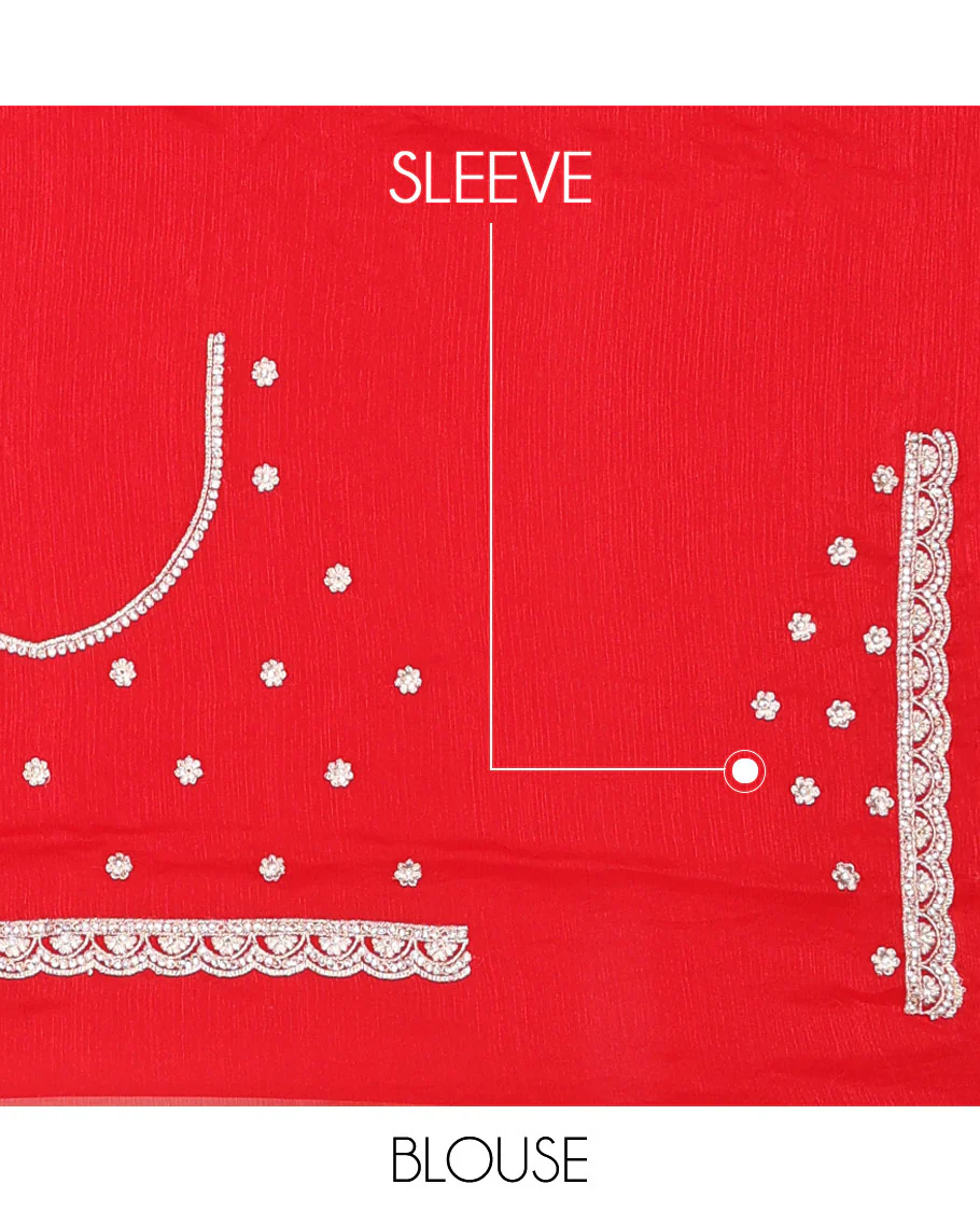 Red jaal, and intricate thread embroidered designer saree, scallop intricate embroidered border - Image 4