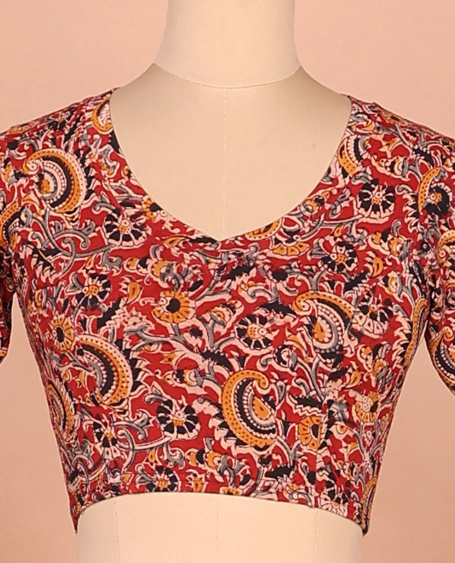 Red kalamkari floral vine printed leaf-neck elbow sleeve cotton readymade blouse - Image 3