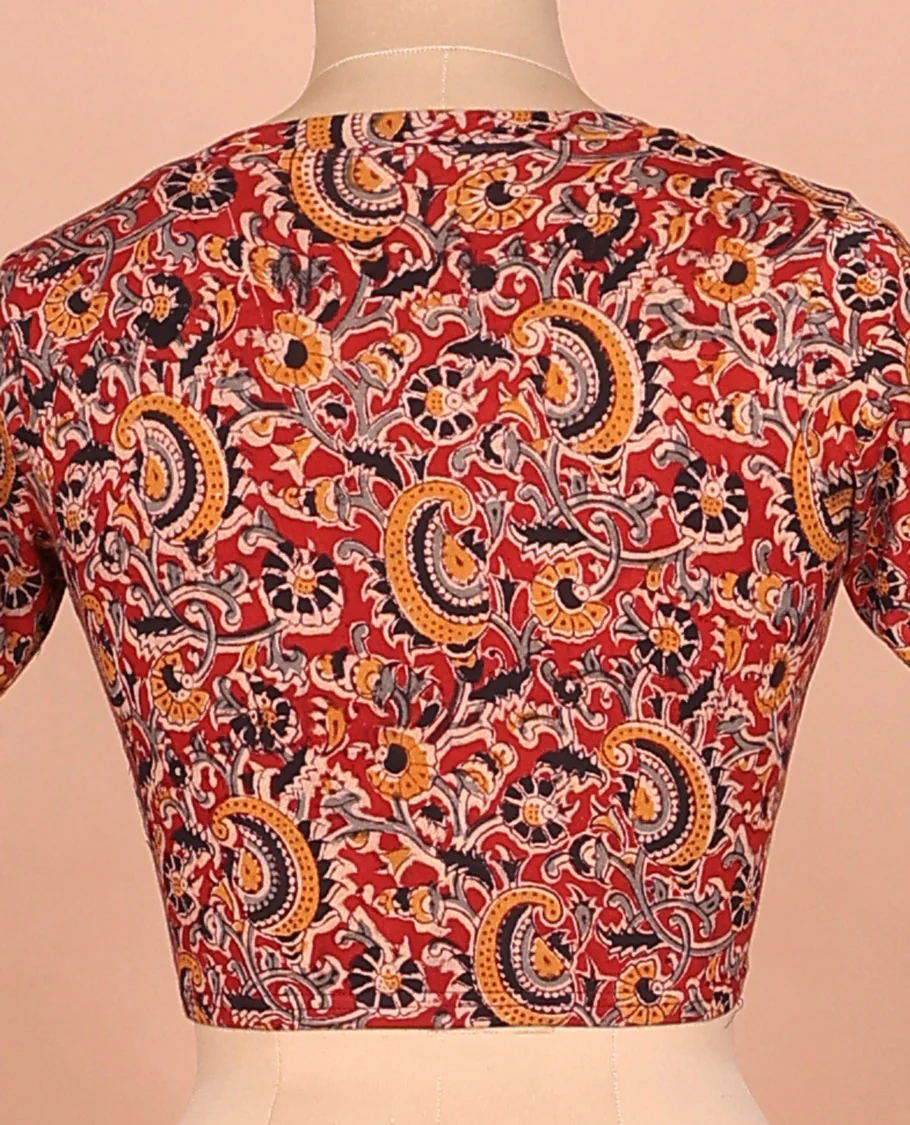 Red kalamkari floral vine printed leaf-neck elbow sleeve cotton readymade blouse - Image 4