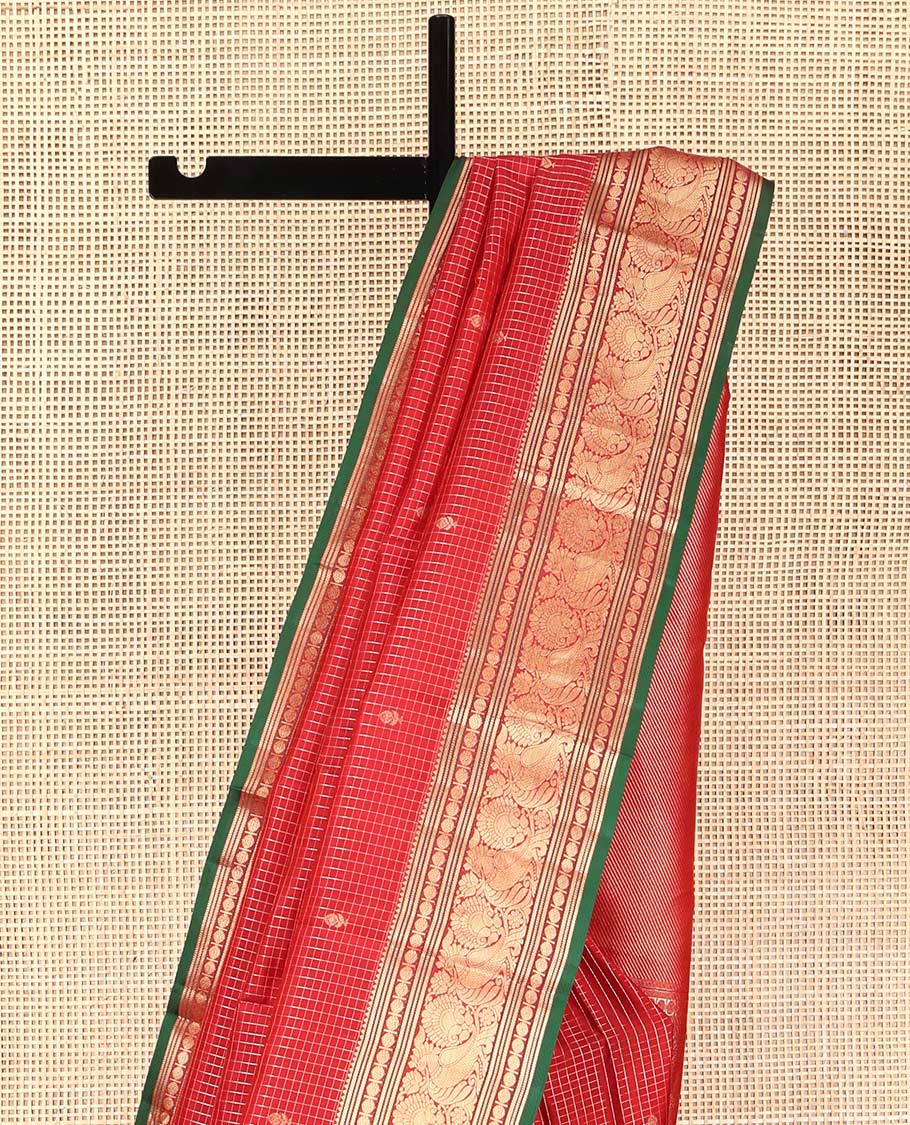 Red Kanchipuram Silk Saree, Richly Detailed with Zari Butta Enclosed Checks on Its Body, Highlighted by Zari Border of Rekku, Poun, Banaras, and Mayil Kann Designs, Diagonally Striped Pallu, and Paired with a Contrast Blouse - Image 3
