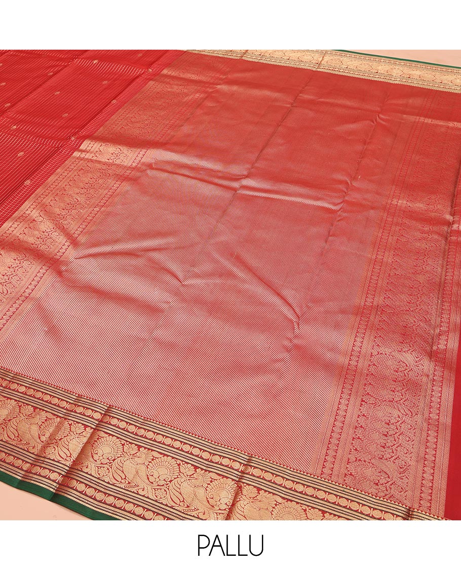 Red Kanchipuram Silk Saree, Richly Detailed with Zari Butta Enclosed Checks on Its Body, Highlighted by Zari Border of Rekku, Poun, Banaras, and Mayil Kann Designs, Diagonally Striped Pallu, and Paired with a Contrast Blouse - Image 5