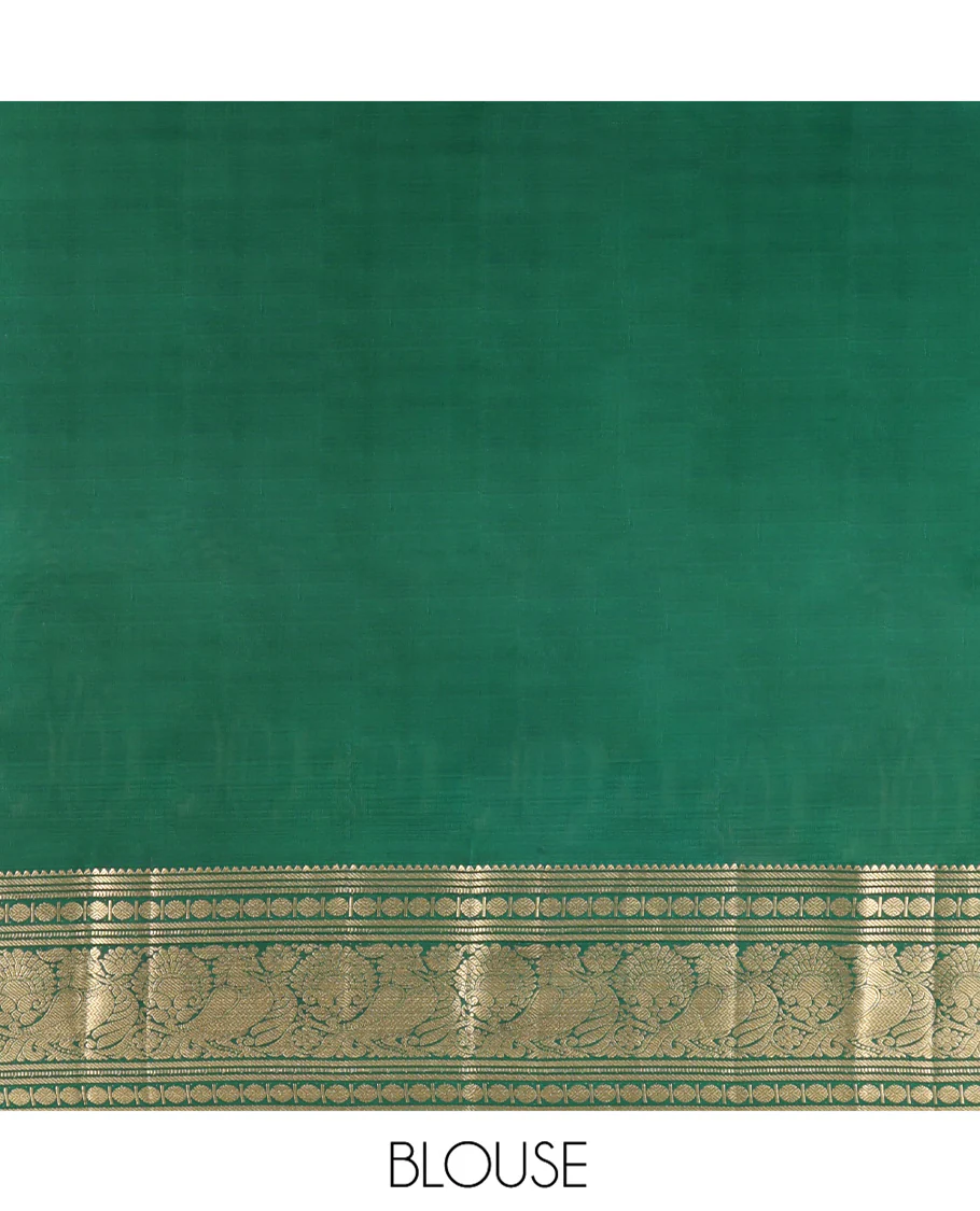 Red Kanchipuram Silk Saree, Richly Detailed with Zari Butta Enclosed Checks on Its Body, Highlighted by Zari Border of Rekku, Poun, Banaras, and Mayil Kann Designs, Diagonally Striped Pallu, and Paired with a Contrast Blouse - Image 6