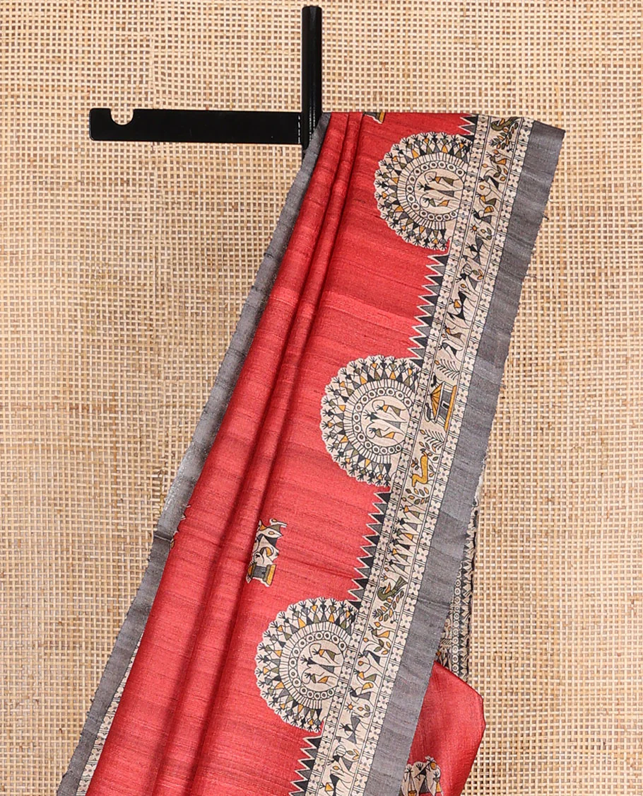 Red madhubani-style human motifs printed tussar saree, contrast border & pallu elevated with madhubani-themed motifs - Image 3