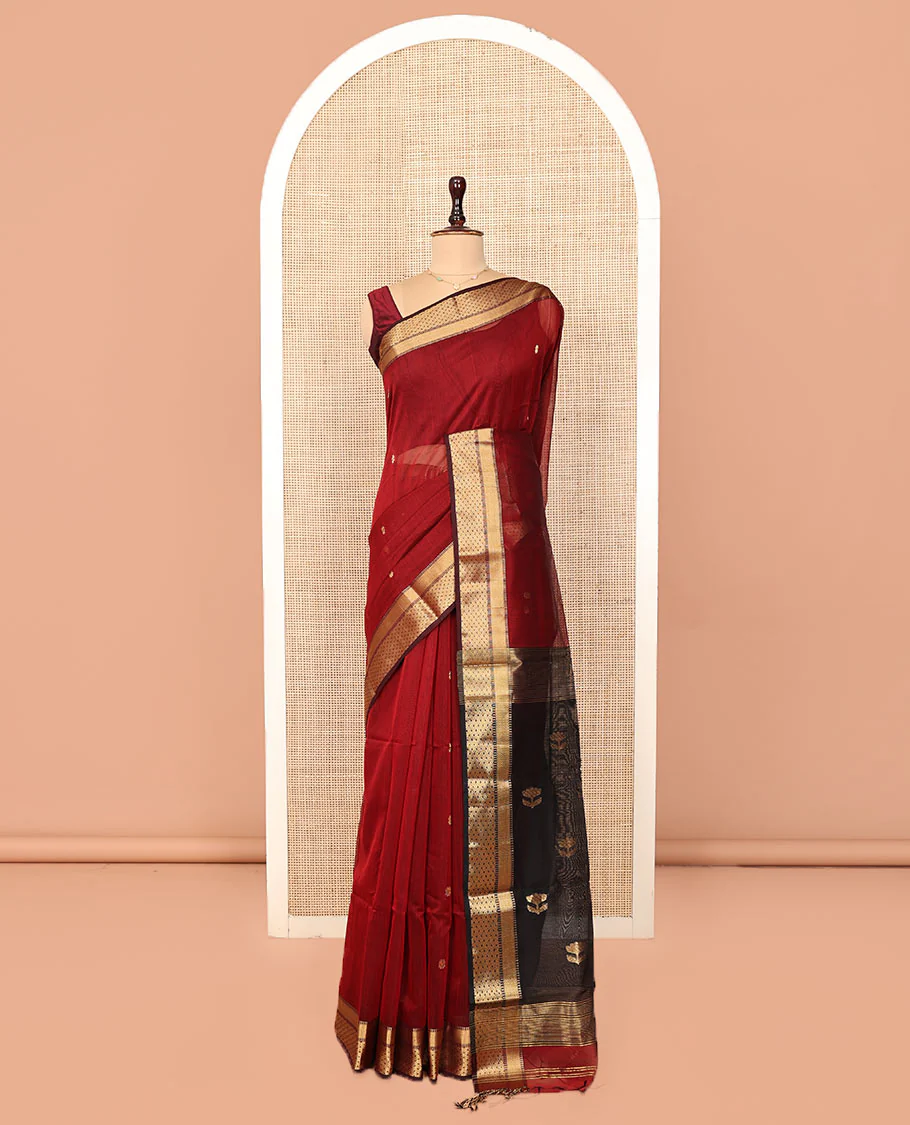 Red Maheshwari Cotton Saree, Accentuated with Zari Buttas All Over Its Body, Highlighted by a Traditional Zari Border, Captivating Contrast Pallu of Floral Designs, and Paired with a Contrast Blouse - Image 3