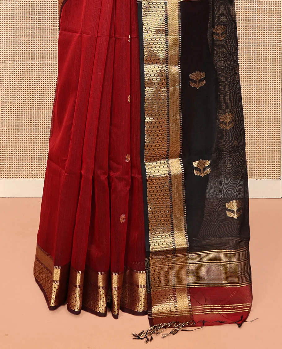 Red Maheshwari Cotton Saree, Accentuated with Zari Buttas All Over Its Body, Highlighted by a Traditional Zari Border, Captivating Contrast Pallu of Floral Designs, and Paired with a Contrast Blouse - Image 4