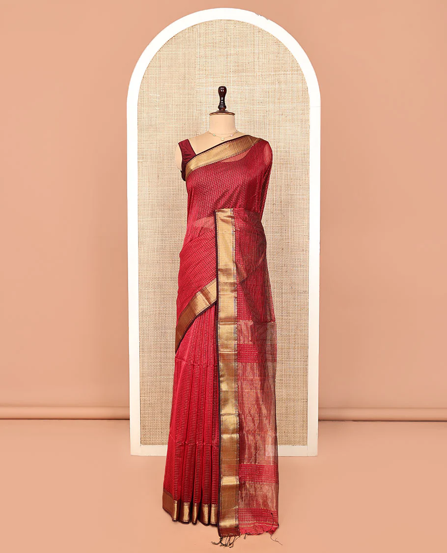 Red Maheshwari Cotton Saree, Enriched with Micro-Checked Design All Over Its Body, Highlighted by Traditional Zari Border, Pallu Steeped with Floral Designs, and Paired with a Matching Blouse - Image 3