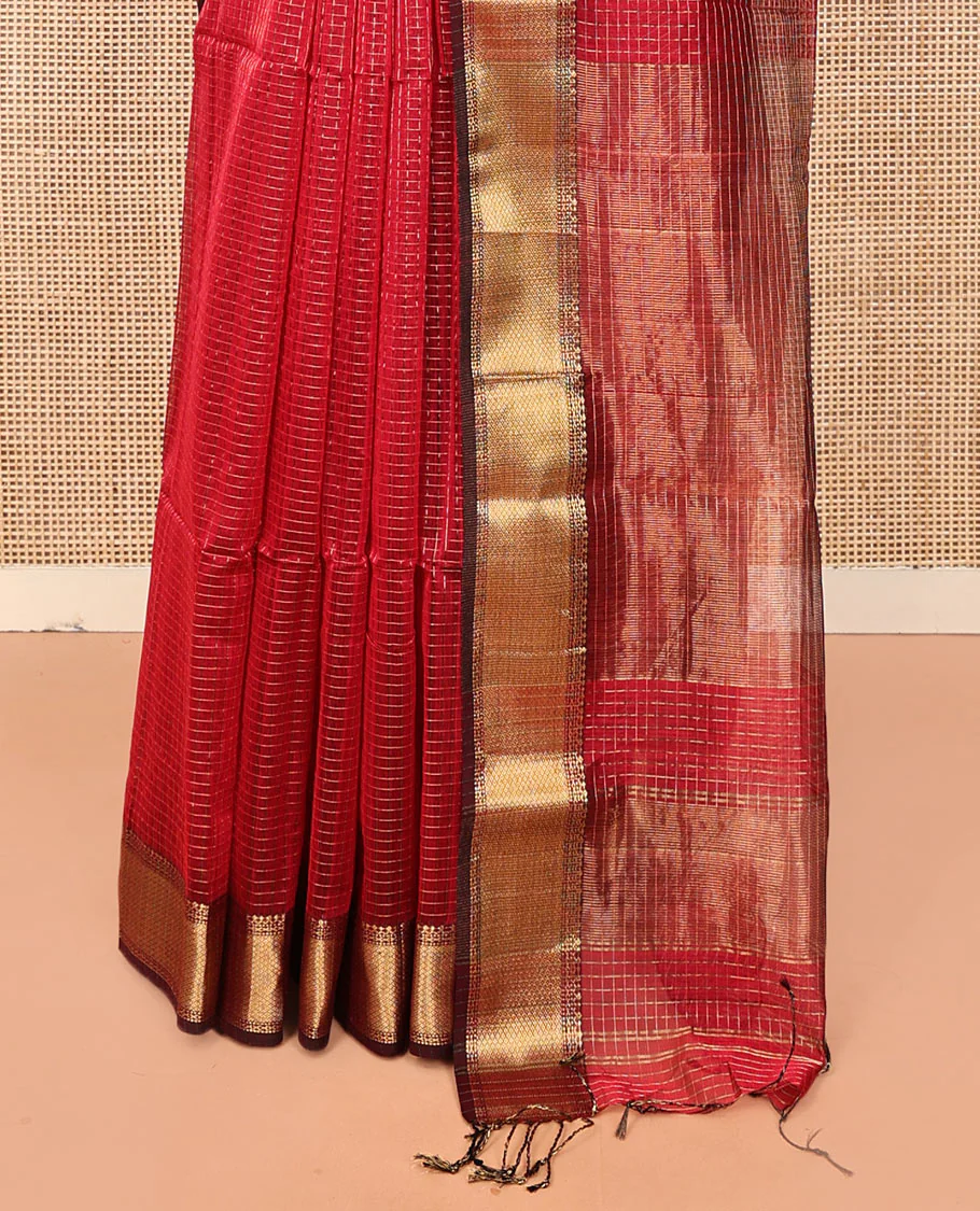 Red Maheshwari Cotton Saree, Enriched with Micro-Checked Design All Over Its Body, Highlighted by Traditional Zari Border, Pallu Steeped with Floral Designs, and Paired with a Matching Blouse - Image 4