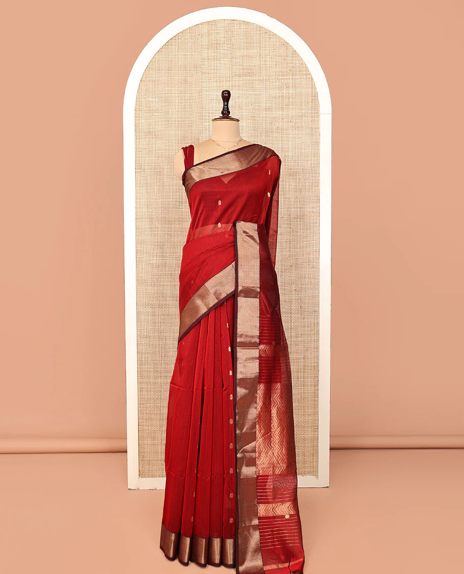 Red Maheshwari Cotton Saree, Spotlighted with Floral Zari Buttas on Its Body, Complemented by a Contrast Chevron Striped Zari Border, Pallu Woven in Chevron Stripes in Zari, and Paired with a Matching Blouse - Image 3