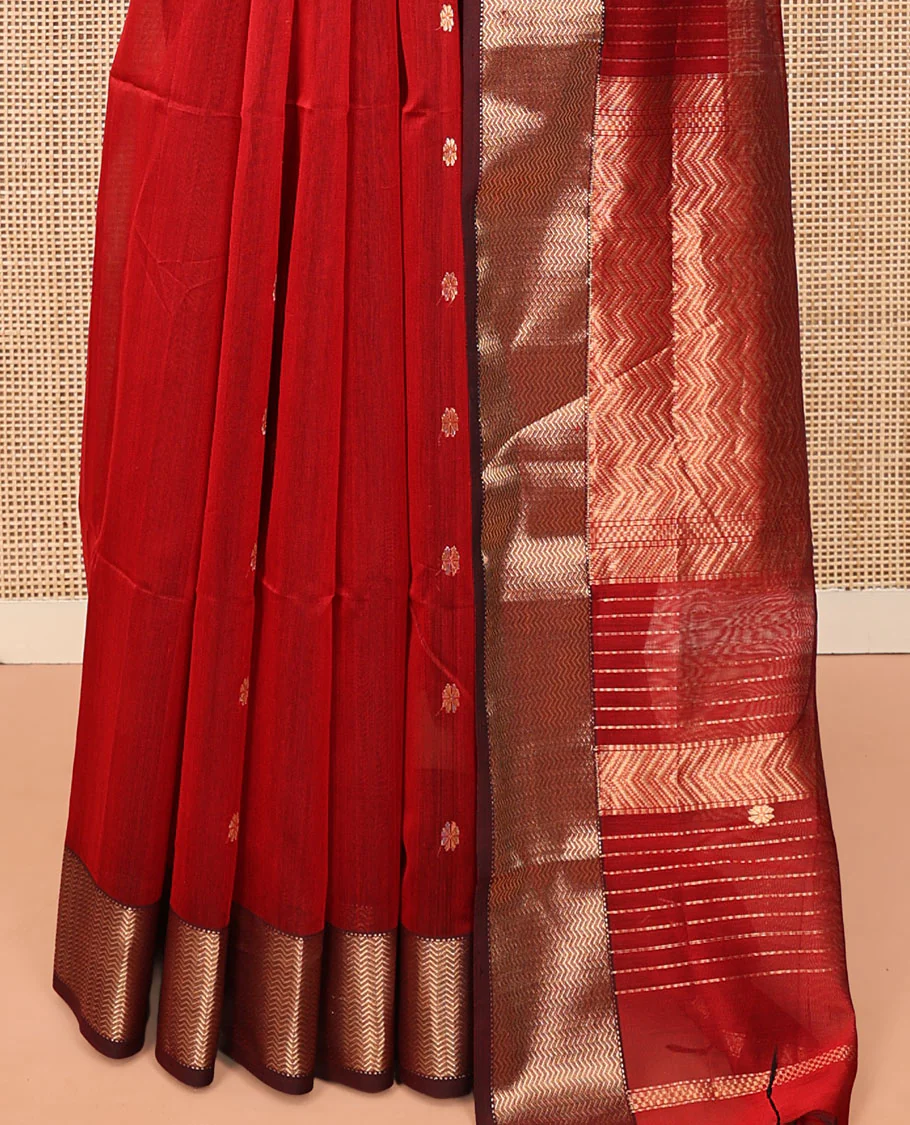Red Maheshwari Cotton Saree, Spotlighted with Floral Zari Buttas on Its Body, Complemented by a Contrast Chevron Striped Zari Border, Pallu Woven in Chevron Stripes in Zari, and Paired with a Matching Blouse - Image 4