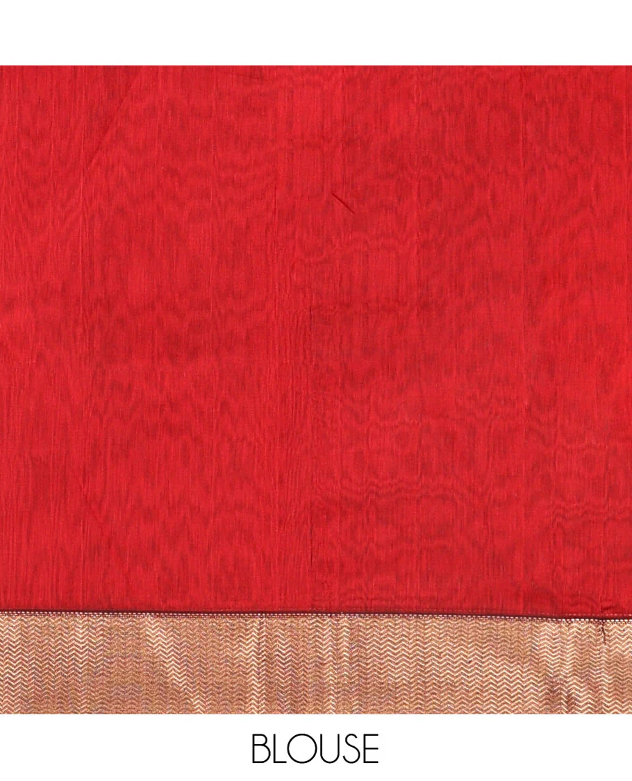 Red Maheshwari Cotton Saree, Spotlighted with Floral Zari Buttas on Its Body, Complemented by a Contrast Chevron Striped Zari Border, Pallu Woven in Chevron Stripes in Zari, and Paired with a Matching Blouse - Image 5