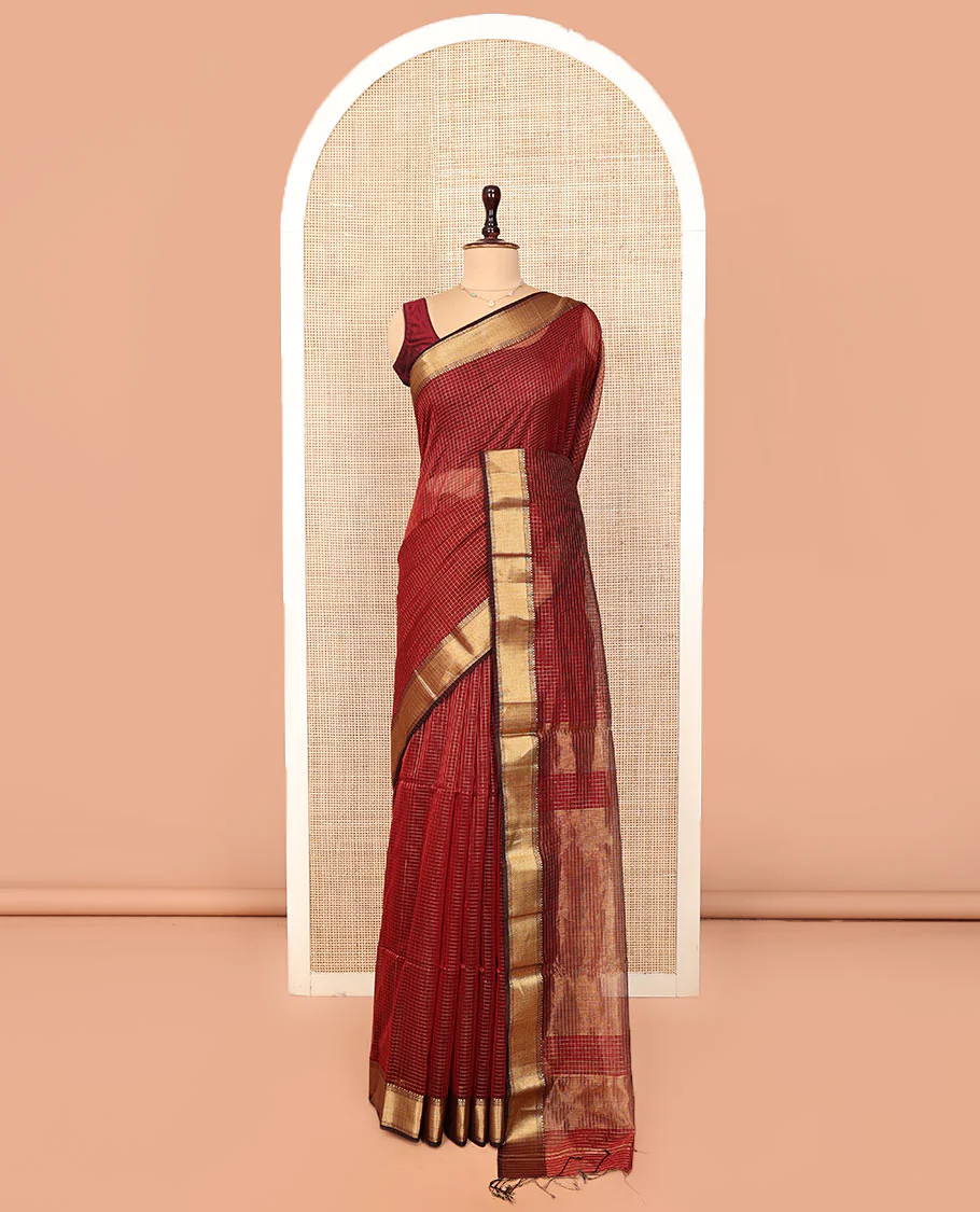 Red Maheshwari Cotton Saree, Subtly Sparkled by Zari Checks, Highlighted by a Traditional Zari Border, Gleaming Zari Decked Up Pallu, and Paired with a Matching Blouse - Image 3